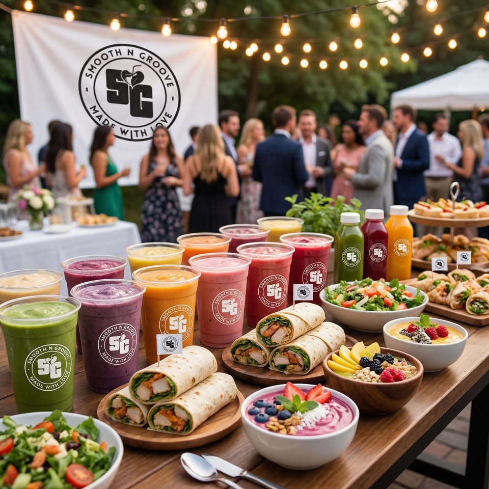 Smooth N Groove catering spread of smoothies, juices, wraps, salads and bowls at an event
